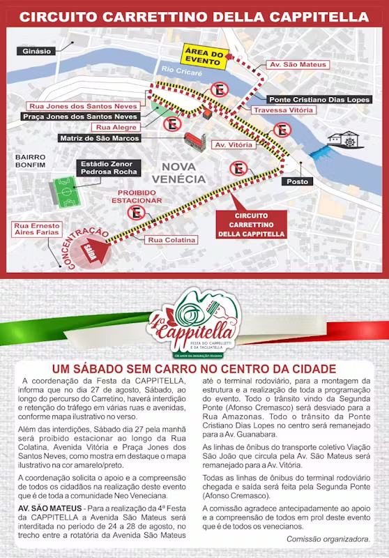 Não será permitido estacionar veículos em algumas ruas em Nova Venécia durante apresentação do Carrettino, na Festa da Cappitella